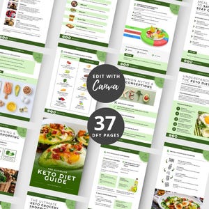 Puede incluir: Una colecci&oacute;n de p&aacute;ginas informativas con un dise&ntilde;o verde y blanco. Las p&aacute;ginas presentan texto, gr&aacute;ficos e im&aacute;genes relacionadas con la dieta cetog&eacute;nica, incluyendo recetas, listas de compras e informaci&oacute;n nutricional. El texto "The Ultimate Keto Diet Guide" es visible.
