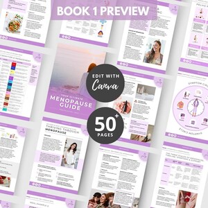 May include: A collection of pages from a guide on menopause, featuring a purple and white color scheme. The cover reads "Your Ultimate Menopause Guide" and "Edit with Canva." The guide contains over 50 pages with various topics and illustrations.