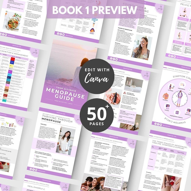 May include: A collection of pages from a guide on menopause, featuring a purple and white color scheme. The cover reads "Your Ultimate Menopause Guide" and "Edit with Canva." The guide contains over 50 pages with various topics and illustrations.