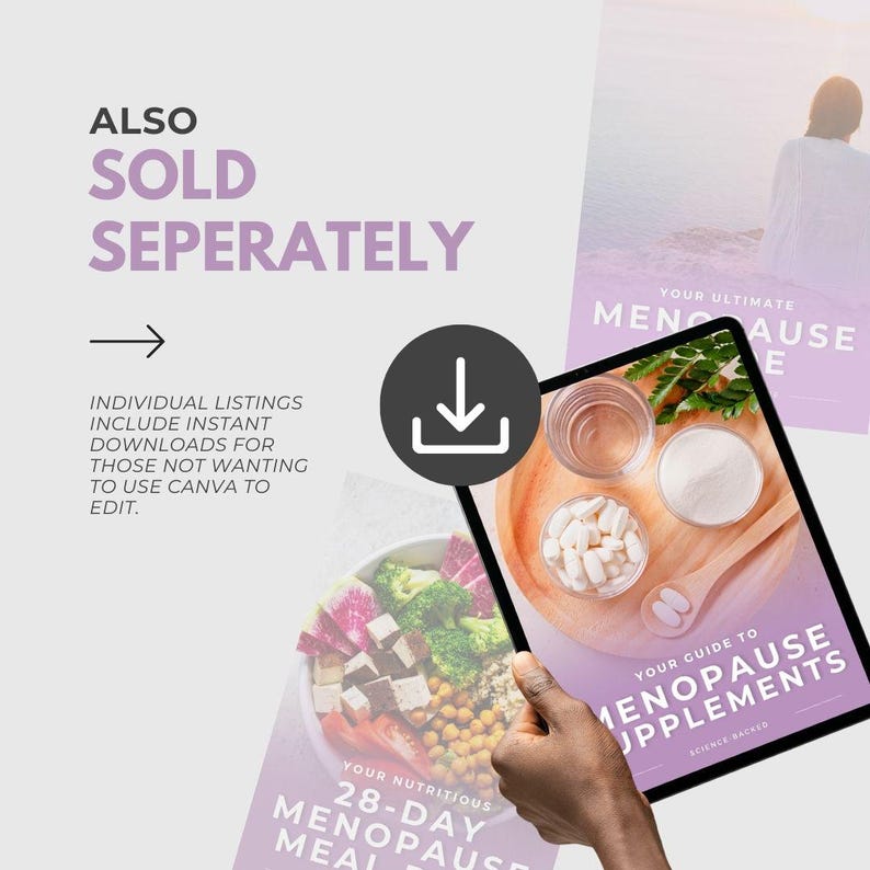 May include: Digital downloads for menopause supplements and meal plans. The image shows a tablet displaying a guide to menopause supplements, with text that reads "Your Guide to Menopause Supplements". Also includes text "28-Day Menopause Meal".