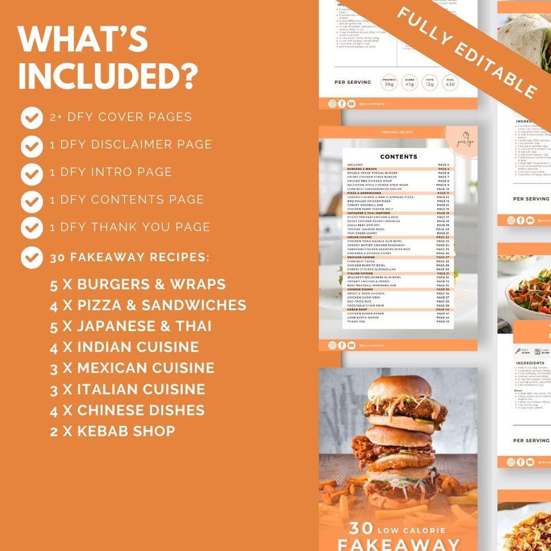 May include: An orange and white graphic with the text "WHAT'S INCLUDED?" lists 30 low-calorie recipes, including burgers, pizza, Japanese, Indian, Mexican, Italian, Chinese, and kebab dishes. The words "FULLY EDITABLE" are also visible.