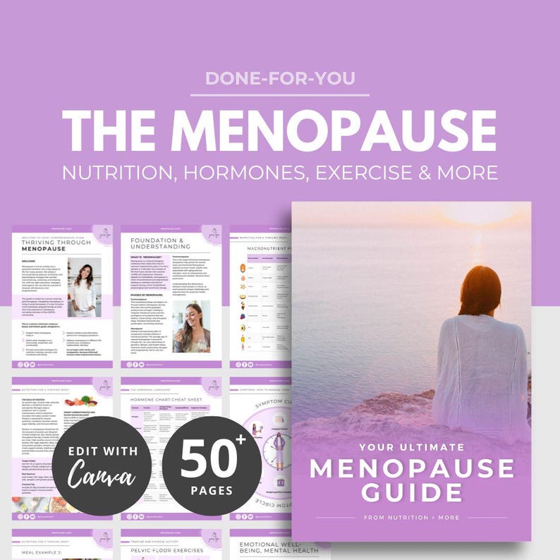 May include: A digital guide titled "The Menopause Guide" with the text "Done-For-You." The guide covers nutrition, hormones, exercise, and more. The cover features a woman overlooking the ocean. Includes 50+ pages and Canva editing.