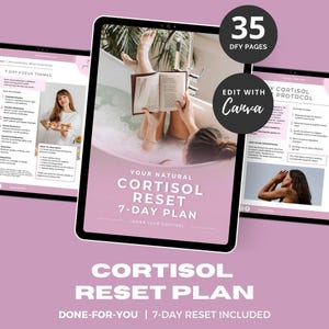 May include: A digital tablet displays a wellness plan titled "Your Natural Cortisol Reset 7-Day Plan." The image features a person in a bathtub reading a book. Additional screens show related content. The design is in shades of pink and white.