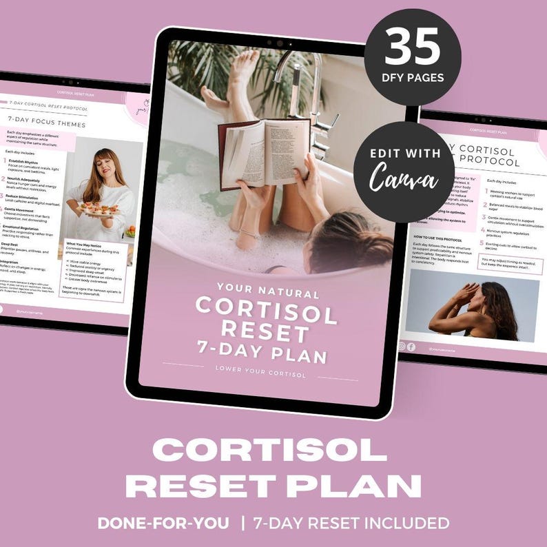 May include: A digital tablet displays a wellness plan titled "Your Natural Cortisol Reset 7-Day Plan." The image features a person in a bathtub reading a book. Additional screens show related content. The design is in shades of pink and white.