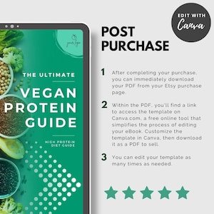 May include: A green and white digital download guide for a vegan protein diet. The guide includes instructions on how to edit the template in Canva and download it as a PDF. The guide is rated five stars.