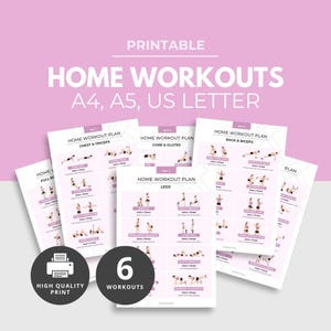 Peut inclure: Plusieurs plans d'entraînement à domicile imprimables sur fond rose. Le texte indique "Home Workouts", "A4, A5, US LETTER", et des catégories d'exercices comme "Chest & Triceps" et "Legs". Comprend un badge "High Quality Print".