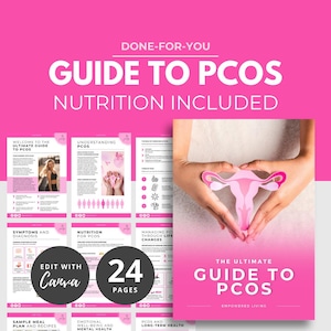 May include: A pink and white guide to PCOS with the text "The Ultimate Guide to PCOS" and "Empowered Living". The guide includes 24 pages and covers topics such as understanding PCOS, symptoms and diagnosis, nutrition for PCOS, managing PCOS through life changes, sample meal plans and recipes, emotional well-being and mental health, and PCOS and long-term health.