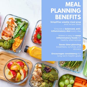 Peut inclure: Plusieurs r&eacute;cipients alimentaires en verre remplis de repas sains, dont du poulet, des l&eacute;gumes et des fruits. Une bouteille de jus est &eacute;galement visible. Le texte sur le c&ocirc;t&eacute; droit indique "Meal Planning Benefits".