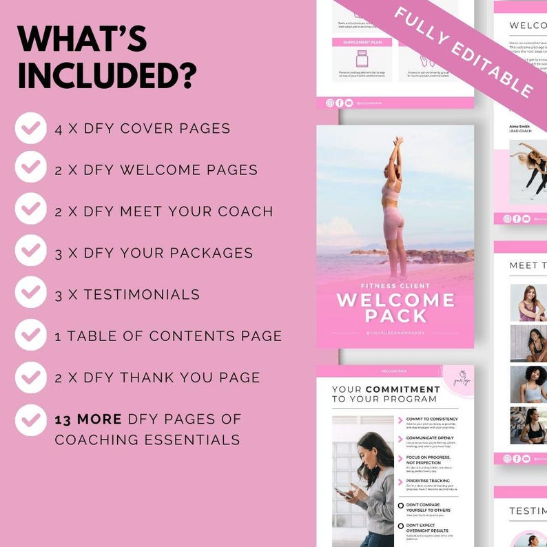 May include: A pink and white digital download checklist for fitness coaches. The checklist includes 13 pages of coaching essentials, 4 cover pages, 2 welcome pages, 2 meet your coach pages, 3 package pages, 3 testimonials, 1 table of contents page, and 2 thank you pages. The checklist is fully editable.