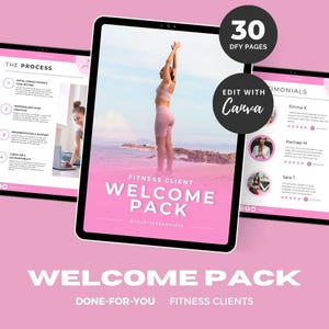 May include: A pink and white digital download welcome pack for fitness clients. The pack includes 30 done-for-you pages that can be edited with Canva. The cover features a woman in a pink sports bra and shorts doing a yoga pose on a beach. The text on the cover reads "Fitness Client Welcome Pack".
