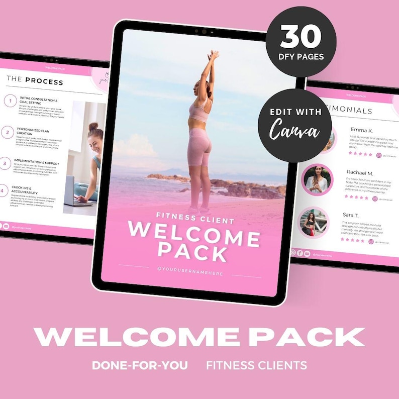 May include: A pink and white digital download welcome pack for fitness clients. The pack includes 30 done-for-you pages that can be edited with Canva. The cover features a woman in a pink sports bra and shorts doing a yoga pose on a beach. The text on the cover reads "Fitness Client Welcome Pack".