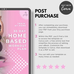 Puede incluir: Un gr&aacute;fico de descarga digital rosa y blanco con el texto "30 Day Home Based Workout Plan" e instrucciones sobre c&oacute;mo editar la plantilla en Canva. El gr&aacute;fico tambi&eacute;n incluye una calificaci&oacute;n de cinco estrellas.