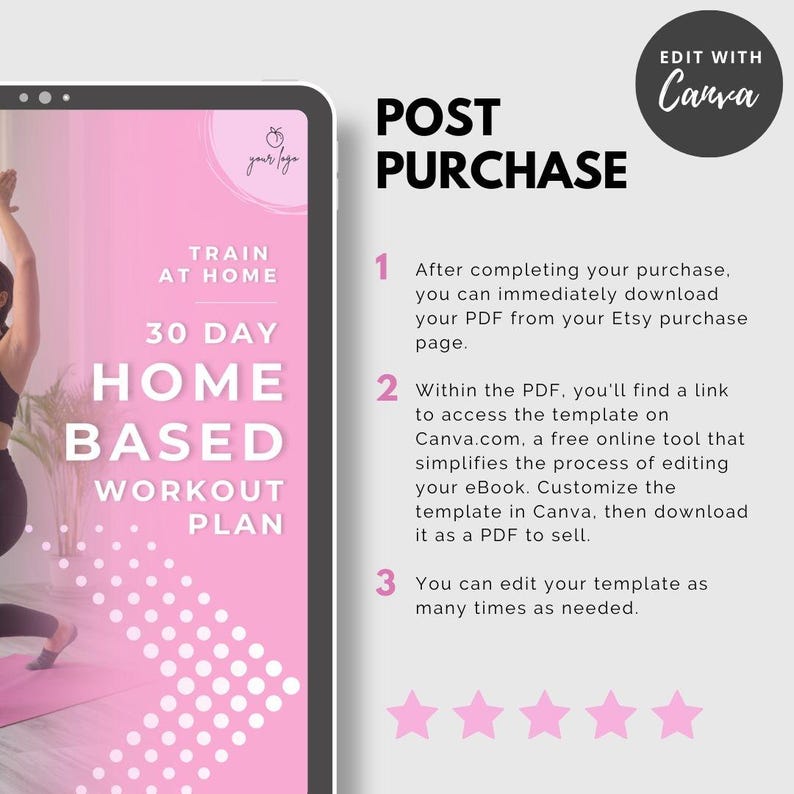 Puede incluir: Un gr&aacute;fico de descarga digital rosa y blanco con el texto "30 Day Home Based Workout Plan" e instrucciones sobre c&oacute;mo editar la plantilla en Canva. El gr&aacute;fico tambi&eacute;n incluye una calificaci&oacute;n de cinco estrellas.