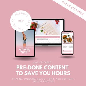 Peut inclure: Graphique de marketing num&eacute;rique sur fond rose. Un ordinateur portable, une tablette et un smartphone affichent un plan de repas et du contenu bien-&ecirc;tre. Le texte comprend "Contenu Pr&eacute;-fait pour Vous Faire Gagner du Temps" et "Hormone Balance Reset."