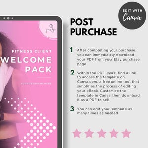 May include: Pink and white digital download graphic with the text "Fitness Client Welcome Pack" and instructions on how to access and edit a template in Canva. The graphic also includes a link to the seller's Etsy shop.