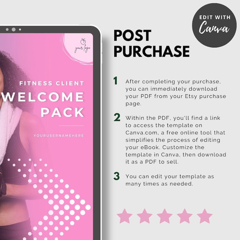 May include: Pink and white digital download graphic with the text "Fitness Client Welcome Pack" and instructions on how to access and edit a template in Canva. The graphic also includes a link to the seller's Etsy shop.