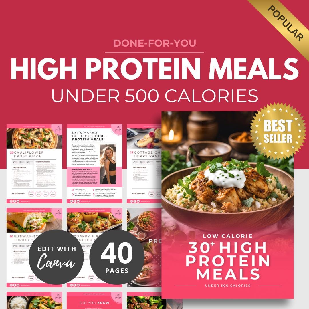 High Protein Low Calorie Recipes, DFY Meal Guide, Canva eBook Template, Fitness eBook Template, DFY Health Coaching Resource, DFY Meal Plan