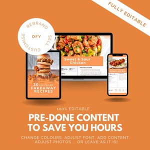 May include: An orange graphic with a laptop, tablet, and phone displaying food recipes. The tablet shows a burger, and the laptop displays Sweet & Sour Chicken. Text includes "30 Low Calorie Fakeaway Recipes" and "Pre-Done Content To Save You Hours."