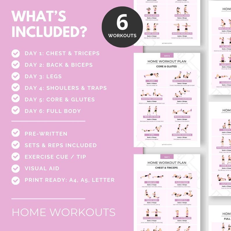 以下が含まれることがあります： 「WHAT'S INCLUDED?」と「6 WORKOUTS」の文字が入ったピンクと白のホームワークアウトプラン。胸と上腕三頭筋、背中と上腕二頭筋、脚、肩とトラップ、コアと臀部、全身のエクササイズが含まれています。事前に書かれたセットと回数、エクササイズキュー、視覚補助機能を備えています。