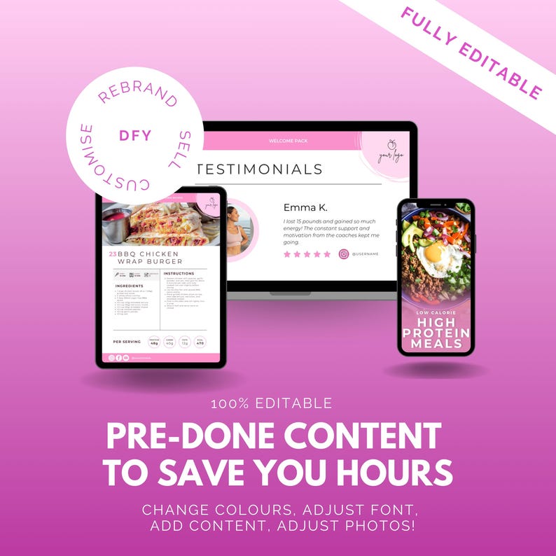 May include: A digital marketing graphic with a laptop, tablet, and smartphone displaying content. The tablet shows a BBQ chicken wrap burger recipe, the laptop displays testimonials, and the phone shows high protein meals. Text reads "Pre-Done Content to Save You Hours."