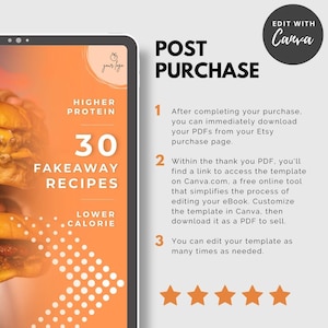 May include: A digital product advertisement on a tablet, featuring an orange and white design. The text includes "30 Fakeaway Recipes," "Higher Protein," and "Lower Calorie." Instructions for downloading and editing the product are also included.
