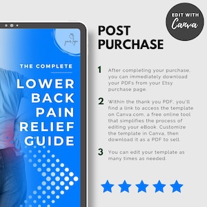 May include: A digital guide titled "The Complete Lower Back Pain Relief Guide" displayed on a tablet. The image includes instructions for post-purchase access and editing using Canva, with a blue and white color scheme.