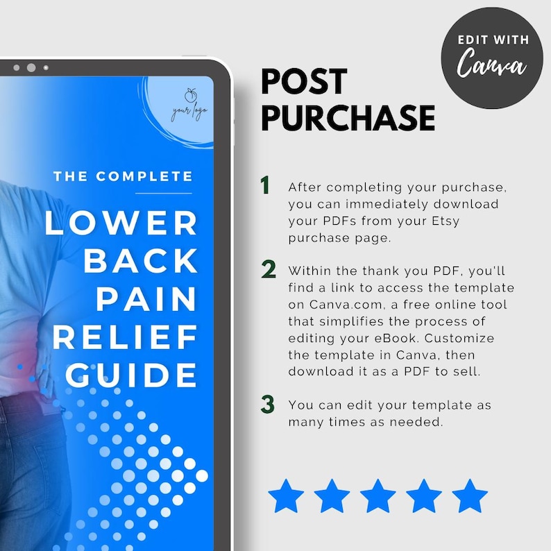 May include: A digital guide titled "The Complete Lower Back Pain Relief Guide" displayed on a tablet. The image includes instructions for post-purchase access and editing using Canva, with a blue and white color scheme.