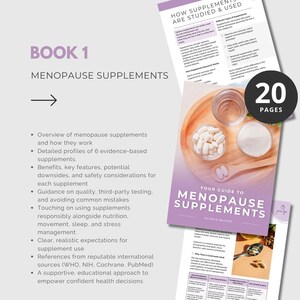 May include: A book titled "Menopause Supplements" with a cover featuring a wooden tray with supplements and a glass of water. The book is 20 pages long and includes information on supplements and their use.
