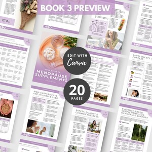 May include: A preview of a book titled "Your Guide to Menopause Supplements" with 20 pages. The pages have a white background with purple accents and feature text, images, and charts. The cover includes the text "Book 3 Preview" and "Edit with Canva".