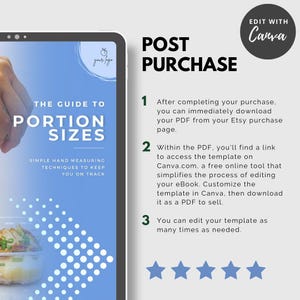 May include: A blue and white digital download guide to portion sizes with the text "The Guide to Portion Sizes" and "Simple Hand Measuring Techniques to Keep You on Track". The guide is on a tablet with a white background. The text "Post Purchase" is in a large font above the guide. The text "Edit with Canva" is in a circle with a white background and a blue border. There are five stars below the text "Edit with Canva".