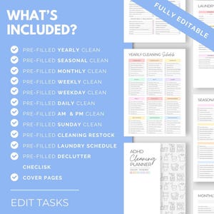 May include: A digital cleaning planner with a light blue background. The planner includes sections for yearly, seasonal, monthly, weekly, and daily cleaning tasks. Text includes "What's Included?" and "Edit Tasks."