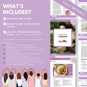 May include: A digital guide with a purple theme, featuring the text "WHAT'S INCLUDED?" and details on a menopause guide, supplement guide, and a 28-day meal plan with recipes. The guide is fully editable.