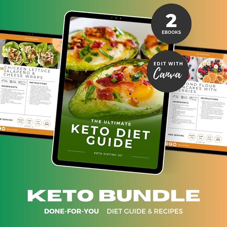 Puede incluir: Un paquete digital de la Gu&iacute;a de Dieta Keto mostrado en tabletas. La tableta principal presenta una portada verde con el texto "THE ULTIMATE KETO DIET GUIDE". Otras tabletas muestran recetas de cocina.