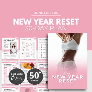 Puede incluir: Diseño gráfico rosa y blanco para un plan de reinicio de Año Nuevo de 30 días. El diseño incluye el texto "New Year Reset 30-Day Plan" y "50+ Pages". El plan incluye un seguimiento del progreso, un registro de entrenamiento y consejos.