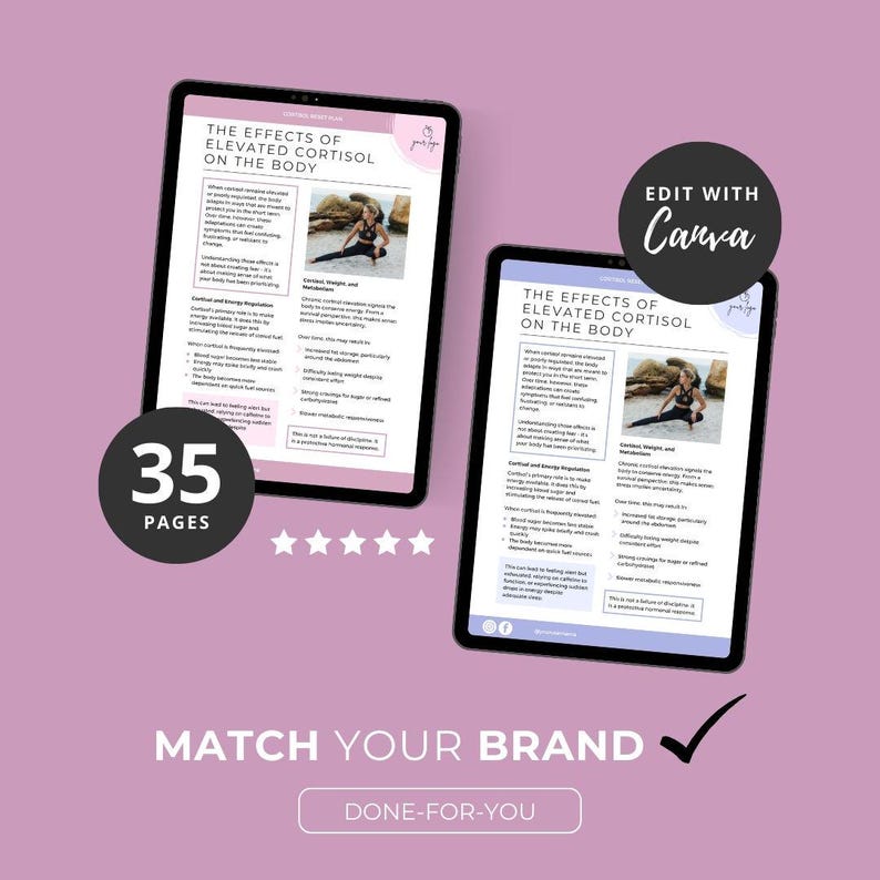 May include: Two digital tablets displaying a document titled "THE EFFECTS OF ELEVATED CORTISOL ON THE BODY." The document features text and an image of a person. A circular graphic indicates "35 PAGES." The image also includes the text "EDIT WITH Canva."