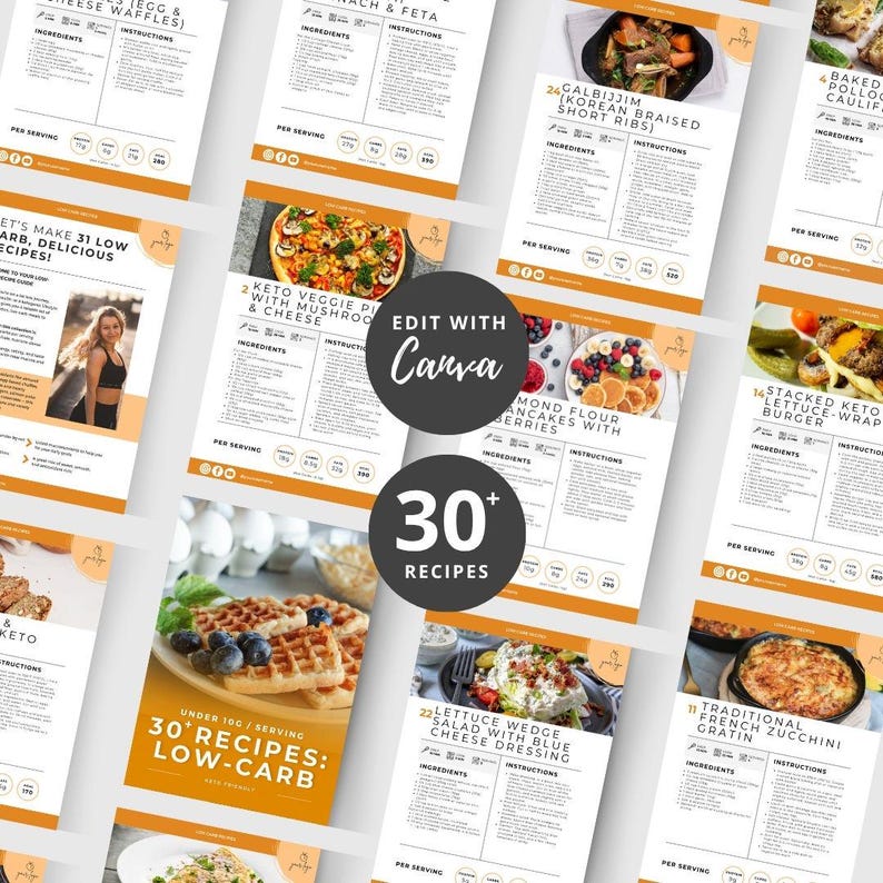 Puede incluir: Un conjunto de tarjetas de recetas con varios platos, incluyendo pizza vegetariana Keto, costillas cortas estofadas coreanas y ensalada de lechuga. Las tarjetas muestran el texto "30+ Recetas" y "Edit with Canva."
