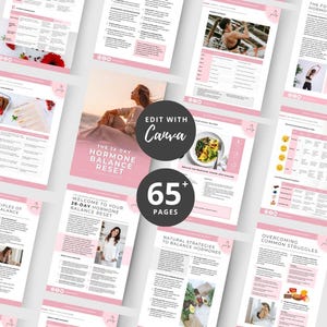Peut inclure: Plusieurs pages roses et blanches pr&eacute;sentent un programme de r&eacute;&eacute;quilibrage hormonal sur 28 jours. La couverture affiche une femme et le texte "Edit with Canva" et "65+ Pages". Les pages d&eacute;taillent des recettes, des strat&eacute;gies et des conseils.