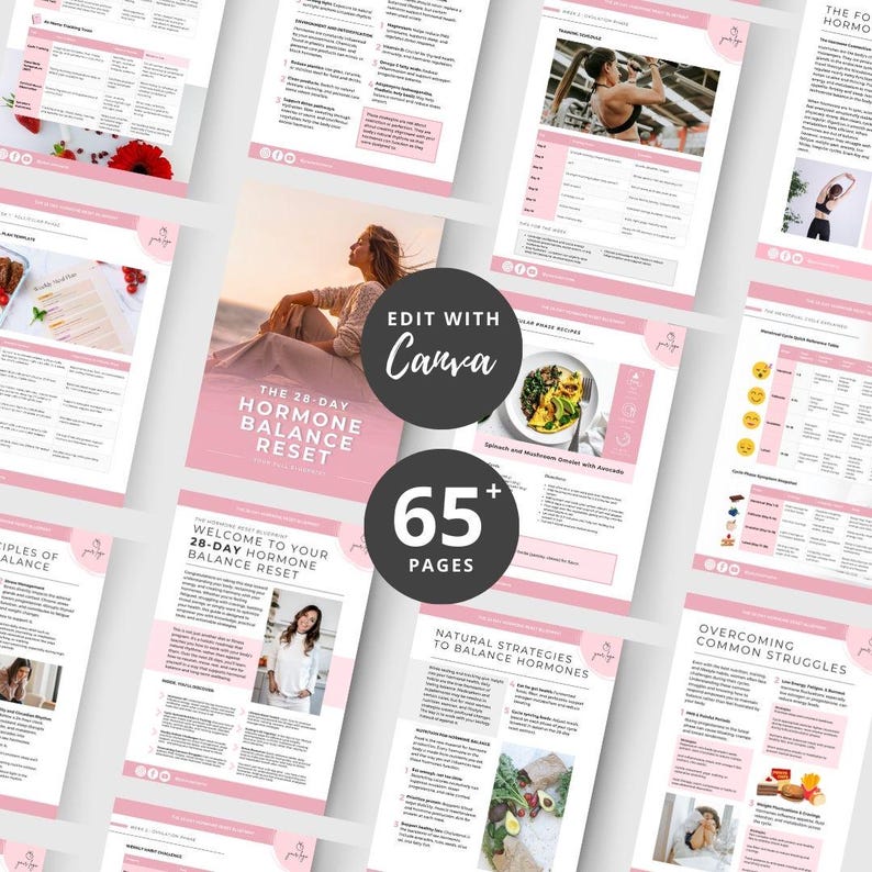Peut inclure: Plusieurs pages roses et blanches pr&eacute;sentent un programme de r&eacute;&eacute;quilibrage hormonal sur 28 jours. La couverture affiche une femme et le texte "Edit with Canva" et "65+ Pages". Les pages d&eacute;taillent des recettes, des strat&eacute;gies et des conseils.