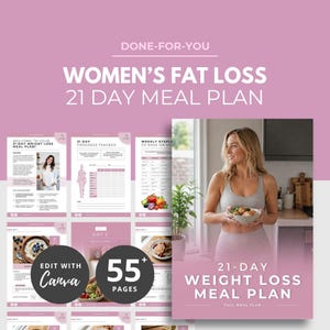 Peut inclure: Un plan de repas de perte de poids de 21 jours rose et blanc avec le texte "Women's Fat Loss" et "55+ Pages". Le plan comprend des exemples de menus, un suivi des progrès et l'option d'édition avec Canva.