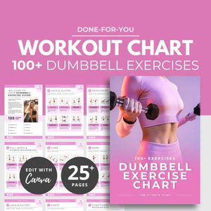 Tabla de ejercicios con mancuernas, tabla de ejercicios, instrucciones de ejercicios, póster de ejercicios, ilustraciones de ejercicios, plan de entrenamiento, plantilla Canva DFY PLR