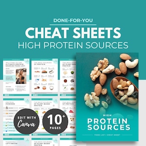 Hoja de alimentos ricos en proteínas, plantilla de Canva, folleto de nutrición, alimentación saludable, pérdida de peso, fuentes de proteínas, información nutricional PLR, tabla de alimentos