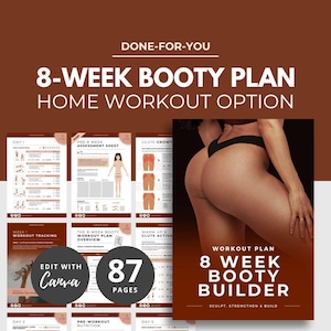8 Week Booty Builder, programma di allenamento per i glutei, programma di allenamento a casa, modello di eBook Canva, modello di eBook Fitness PLR, risorsa di coaching sanitario DFY