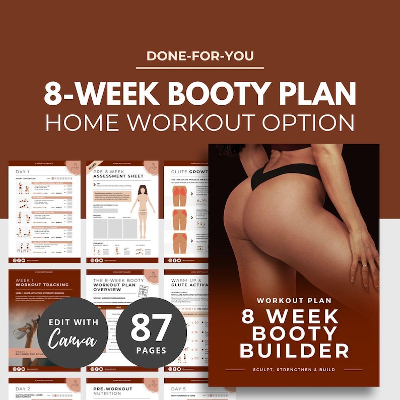 8 Week Booty Builder, glute workout plan, home workout plan, Canva eBook Template, Fitness eBook Template PLR, DFY Health Coaching Resource image 1