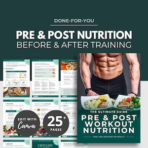 Pode incluir: Um guia digital intitulado "Pre & Post Workout Nutrition" com um design verde escuro e branco. A capa apresenta uma pessoa musculosa e pratos de comida. O guia inclui páginas sobre nutrição, com o texto "Edit with Canva" e "25+ Pages."