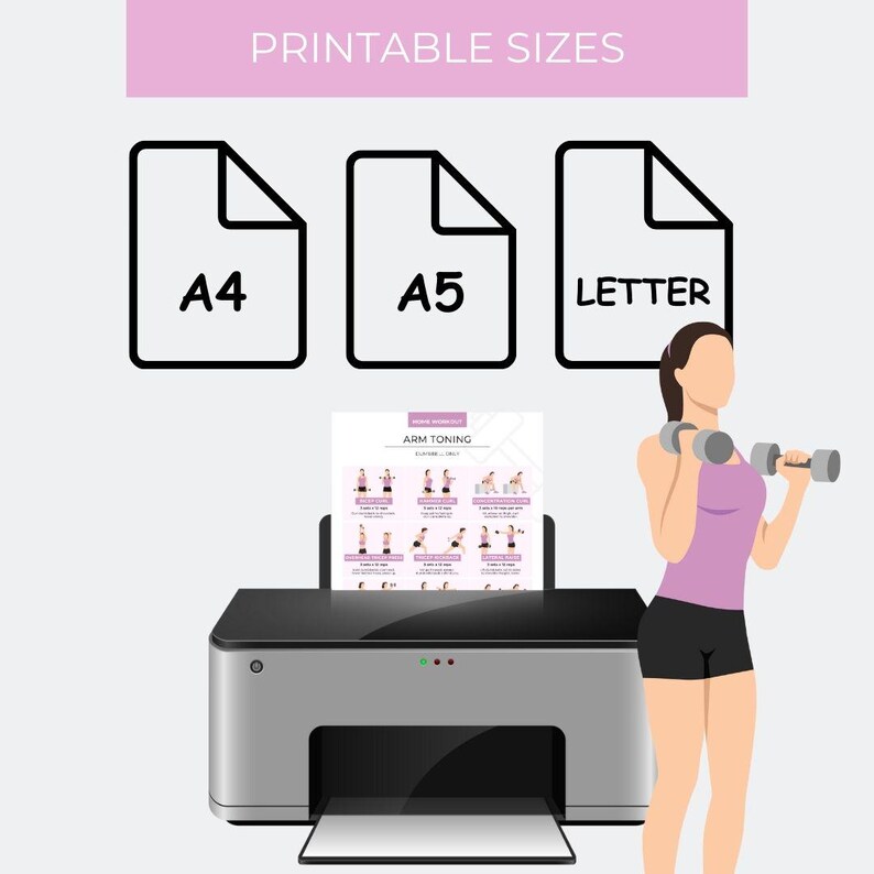 以下が含まれることがあります： 「Arm Toning」ワークアウトシートが印刷されたプリンターのデジタルイラスト。A4、A5、レターサイズの用紙のアイコンと、ダンベルを持っている女性も含まれています。