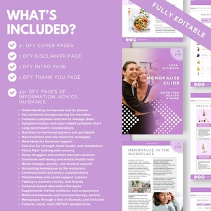 May include: A digital menopause guide with a purple and white design. The guide includes cover pages, a disclaimer, an intro, and a thank you page. It offers information, advice, and guidance on various aspects of menopause, including nutrition, health, and workplace considerations.