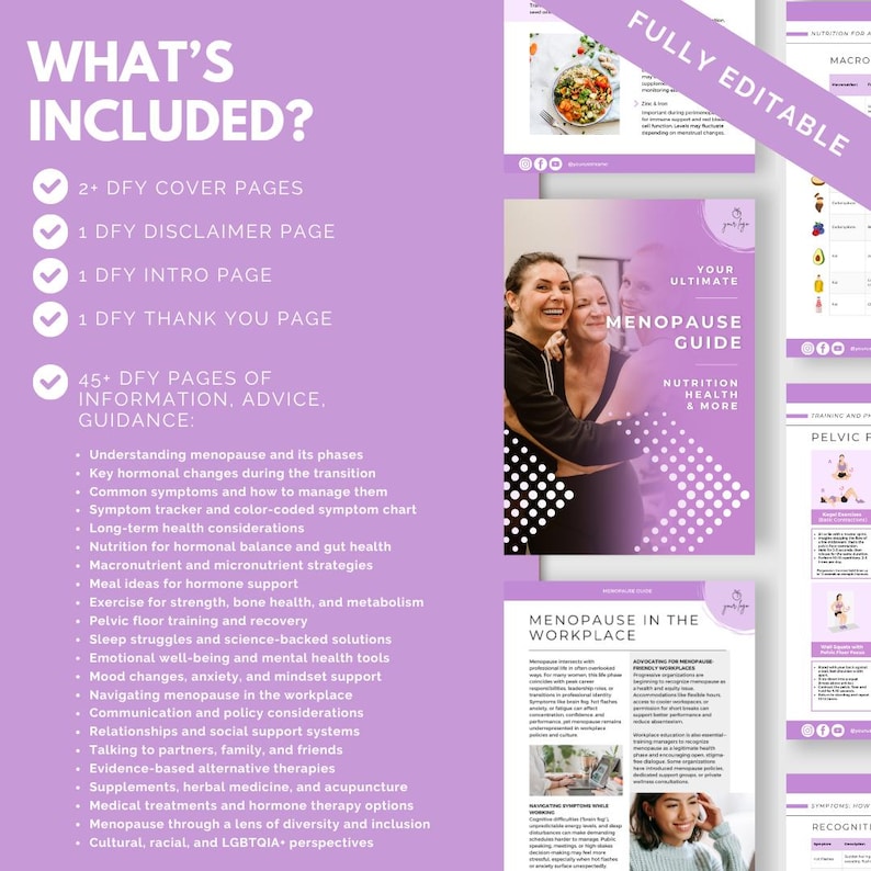 May include: A digital menopause guide with a purple and white design. The guide includes cover pages, a disclaimer, an intro, and a thank you page. It offers information, advice, and guidance on various aspects of menopause, including nutrition, health, and workplace considerations.
