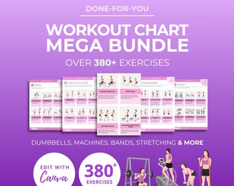 Workout Chart Bundle, exercise illustrations, dumbbell workout, exercise instructions, canva ebook template, workout plan template, DFY