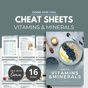 Pode incluir: Um conjunto de 16 folhas de dicas imprimíveis para vitaminas e minerais. As folhas de dicas são projetadas para serem editadas no Canva. A imagem mostra uma tigela de iogurte com mirtilos e granola, um pote de mel e uma colher. O texto na imagem diz "Folhas de dicas essenciais sobre vitaminas e minerais".