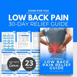 Op de afbeelding: Een blauwe en witte afbeelding met de tekst "LOW BACK PAIN 30-DAY RELIEF GUIDE". De gids bevat oefenillustraties, informatie over pijnsoorten en een persoon die zijn rug vasthoudt. De gids heeft 23 pagina's.